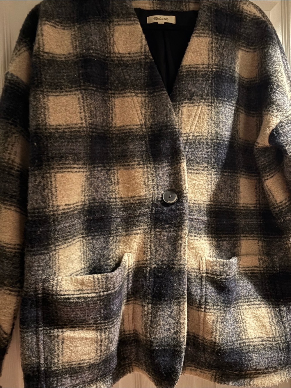 Madewell Plaid Wool-Blend Blazer in Beige and Navy